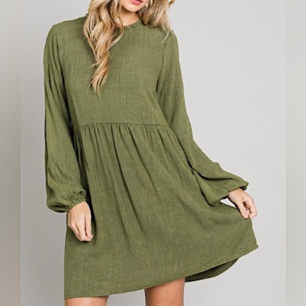 Heyson Size 1XL Green Washed Gauze Ruffled High Neck Long Sleeve Dress - Picture 2 of 13